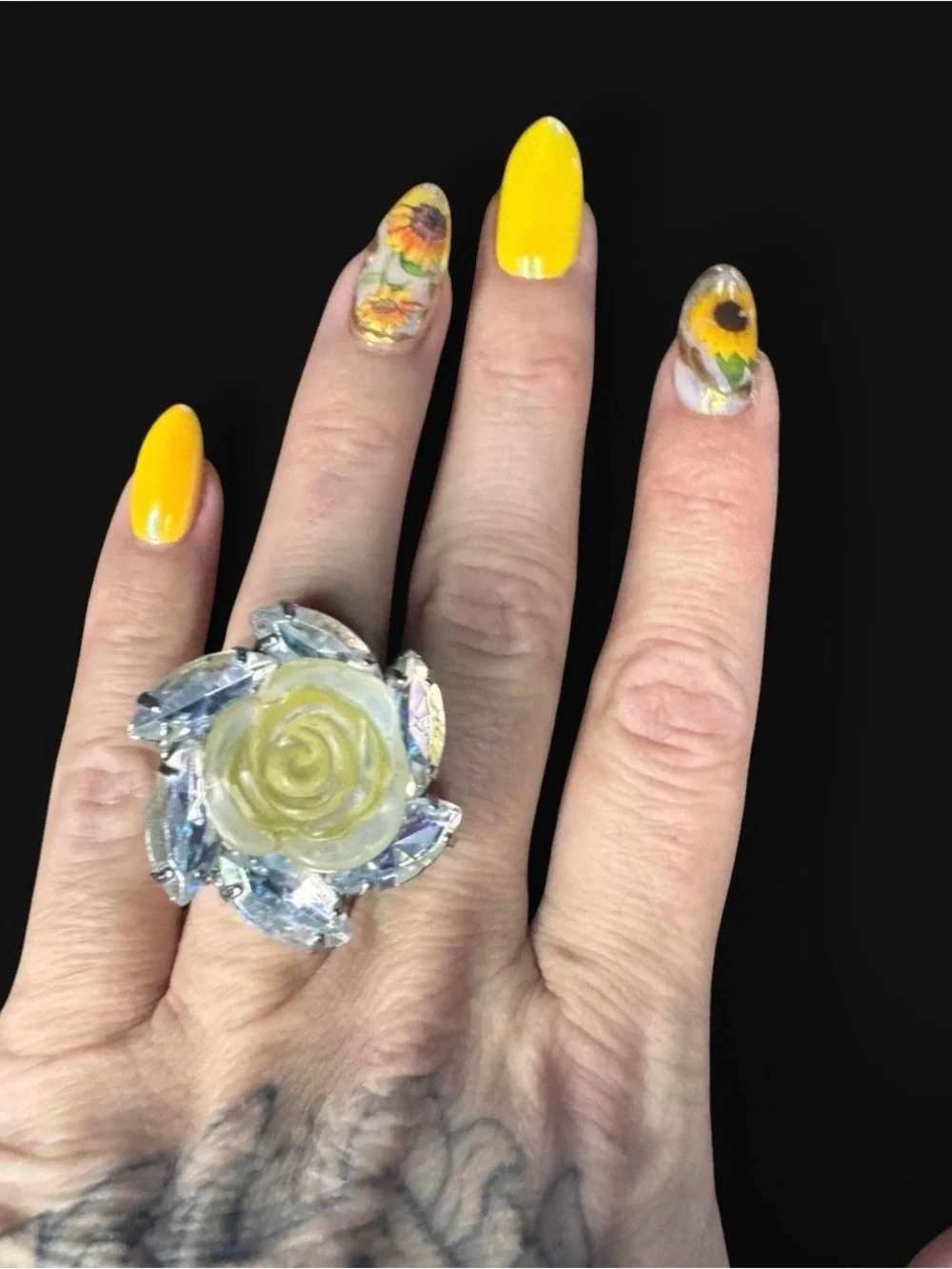 Yellow Rose sparkle Statement Ring - Women Jewelry rhinestones silver tone